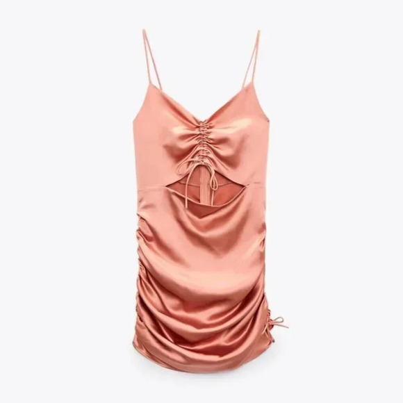 Zara Satin Cut Out Draped Ruched Mini Dress Peach Pink Sz S - Picture 3 of 11